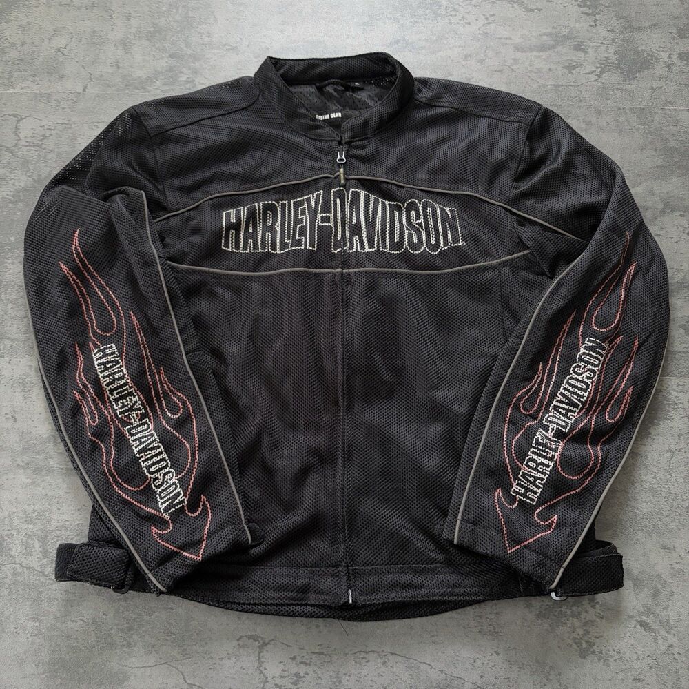 Y2K Harley Davidson Jacket Mens XL Mesh Lined Flame Biker Motorcycle Riding Gear